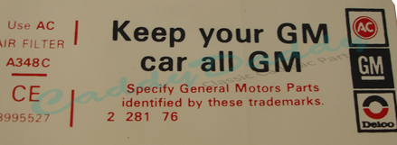 1977 Cadillac (Except Seville) Air Cleaner Decal All GM REPRODUCTION