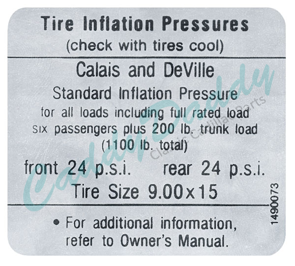 1967 Cadillac Calis & Deville Models Tire Pressure Decal REPRODUCTION