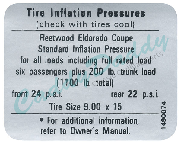 1967 1968 Cadillac Eldorado Models Tire Pressure Decal REPRODUCTION