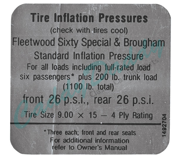 1968 1969 Cadillac Fleetwood Models Tire Pressure Decal REPRODUCTION