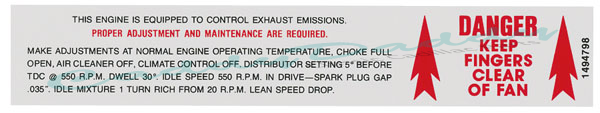 1970 Cadillac (Eldorado ONLY) Emission Fan Warning Decal REPRODUCTION