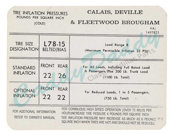 1971 1972 Cadillac All Models (Except Eldorado) Tire Pressure Decal REPRODUCTION