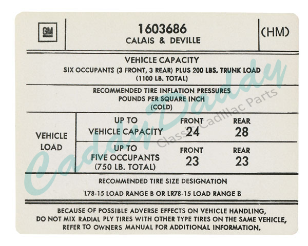 1974 Cadillac Calais & Deville Models Tire Pressure Decal REPRODUCTION