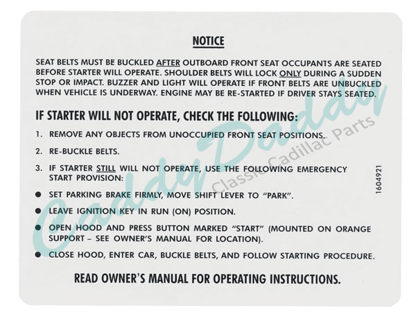 1974 Cadillac Ignition Starter Interlock Decal REPRODUCTION