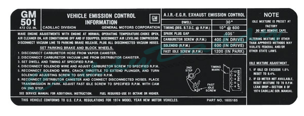 1974 Cadillac (Except Eldorado) Only 472 C.I. Emission  Decal REPRODUCTION