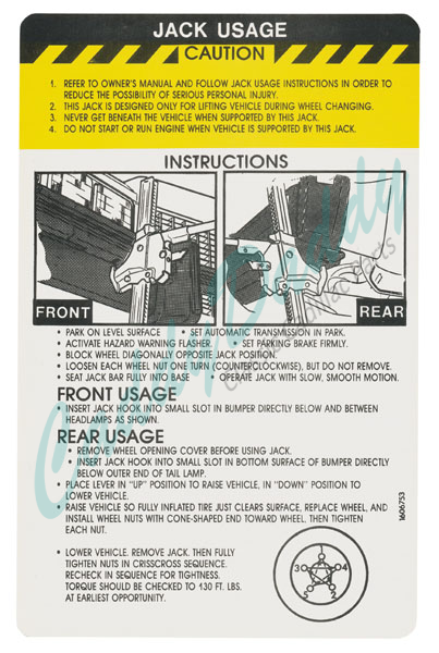 1975 Cadillac (EXCEPT Eldorado) Jacking Instructions Decal REPRODUCTION