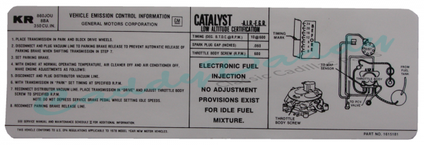 1978 Cadillac 350  AT Emission  Decal REPRODUCTION