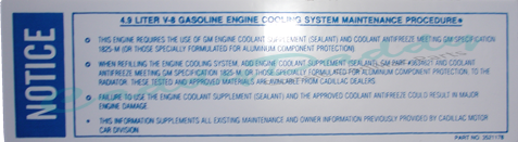 1990 Cadillac Engine Cooling 4.9 Liter Motor Decal REPRODUCTION