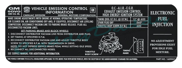 1976 Cadillac (Except Seville) 500  C.I. Emission  Decal REPRODUCTION