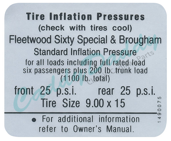 1967 Cadillac Fleetwood Brougham Models Tire Pressure Decal REPRODUCTION