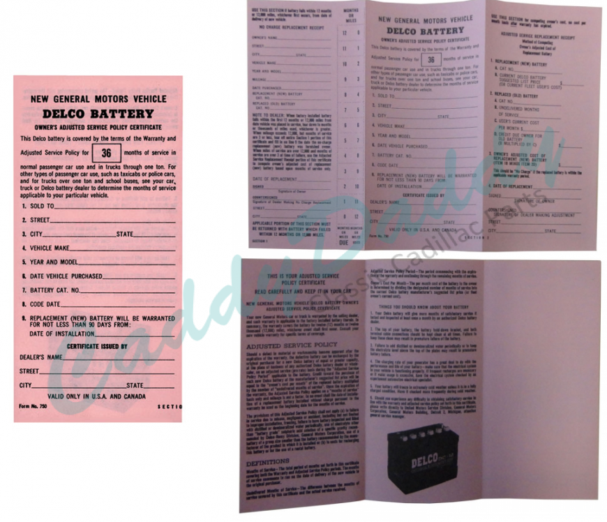 1965 1966 1967 1968 Cadillac Delco Battery Owners Certificate REPRODUCTION