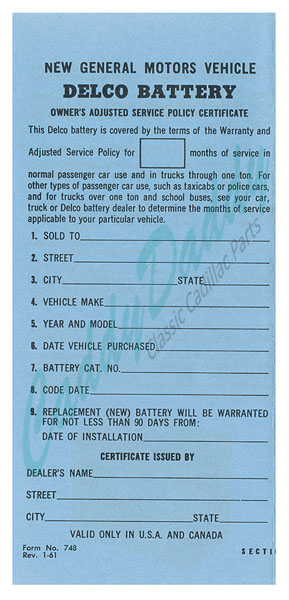 1961 1962 1963 1964 Cadillac Delco Battery Owners Certificate REPRODUCTION