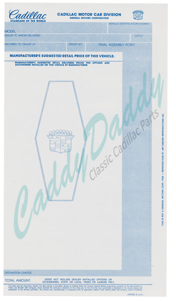1972 1973 Cadillac New Car Window Sticker REPRODUCTION