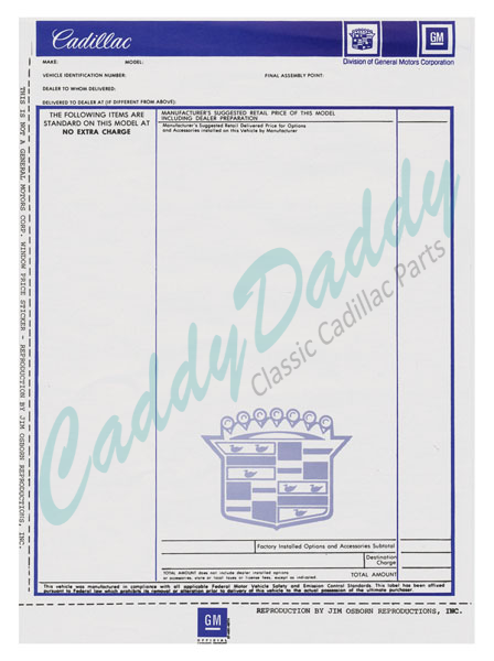 1975 1976 1977 1978 Cadillac New Car Window Sticker REPRODUCTION