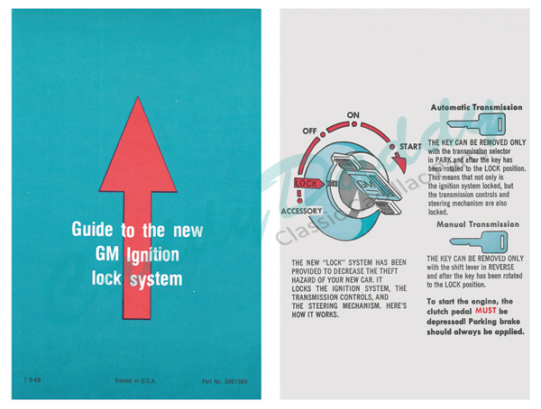 1969 1970 1971 1972 Cadillac Ignition Lock Instructions 7" Sun Visor Sleeve REPRODUCTION