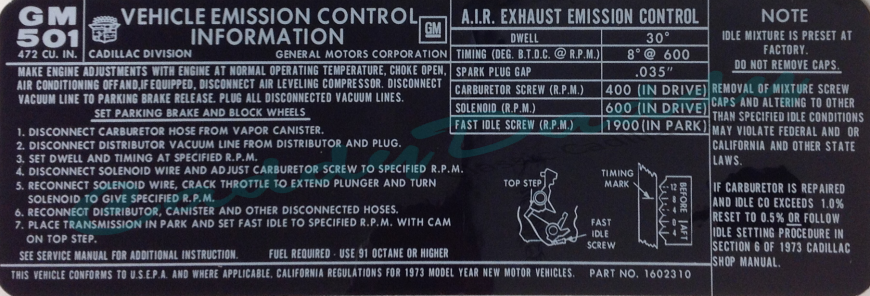 1973 Cadillac (California Cars Only) 472 CU. IN Emission Decal REPRODUCTION