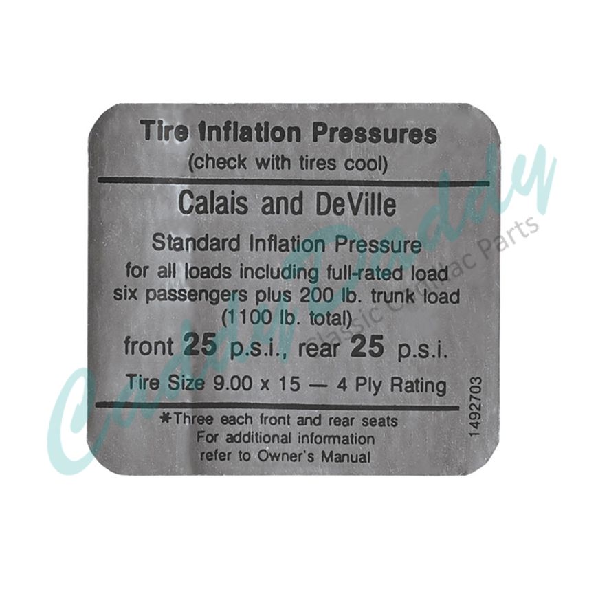 1968 Cadillac Calais And Deville Tire Pressure Decal REPRODUCTION