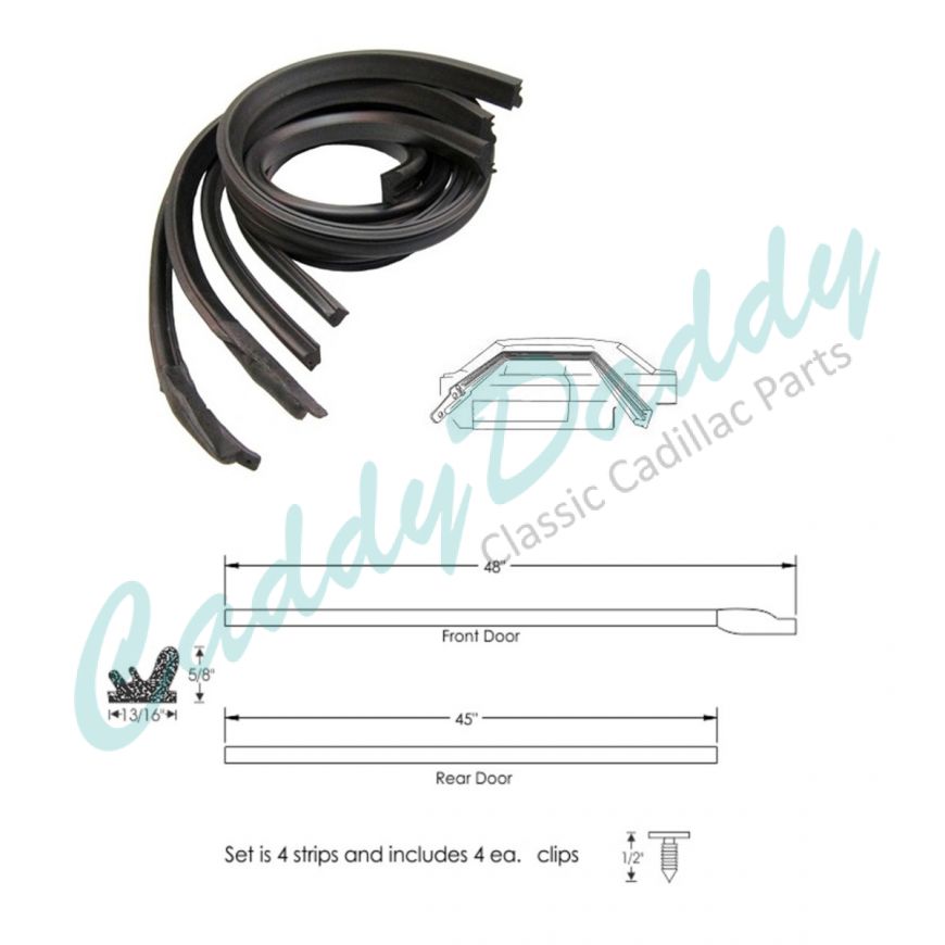 1965 1966 Cadillac Calais and Deville 4-Door Pillared Sedan Roof Rail Rubber Weatherstrip Set (4 Pieces) REPRODUCTION Free Shipping In The USA