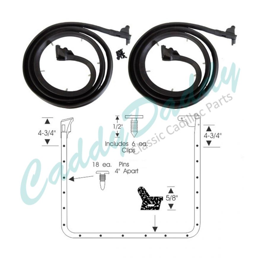1963 1964 Cadillac 4-Door (EXCEPT Series 75 Limousine) Front Door Rubber Weatherstrips 1 Pair REPRODUCTION Free Shipping In The USA