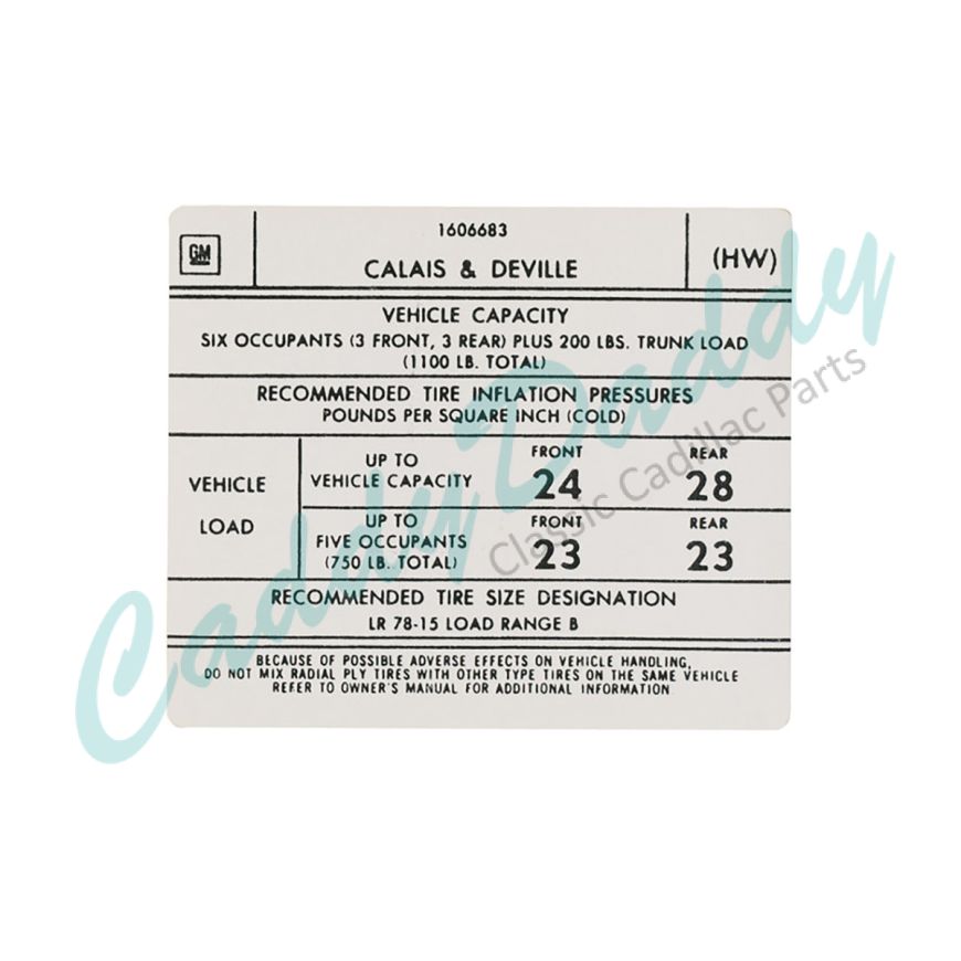 1975 1976 Cadillac Calais And DeVille Tire Pressure Decal REPRODUCTION