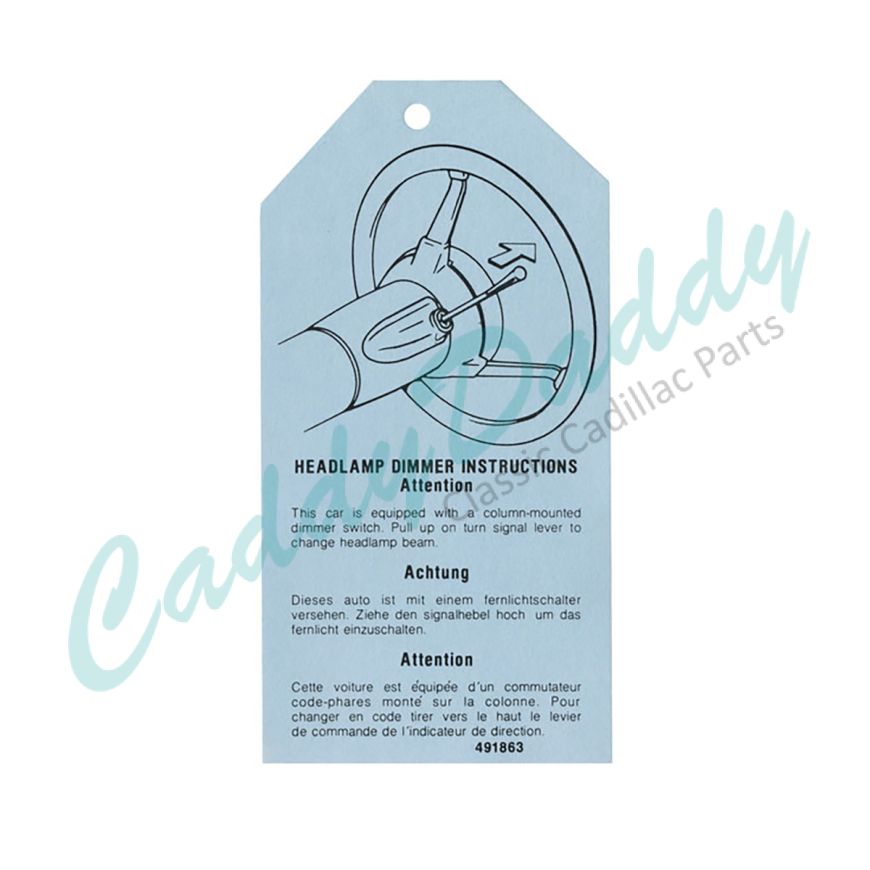 1976 1977 Cadillac Headlight Dimmer Instructions Tag REPRODUCTION