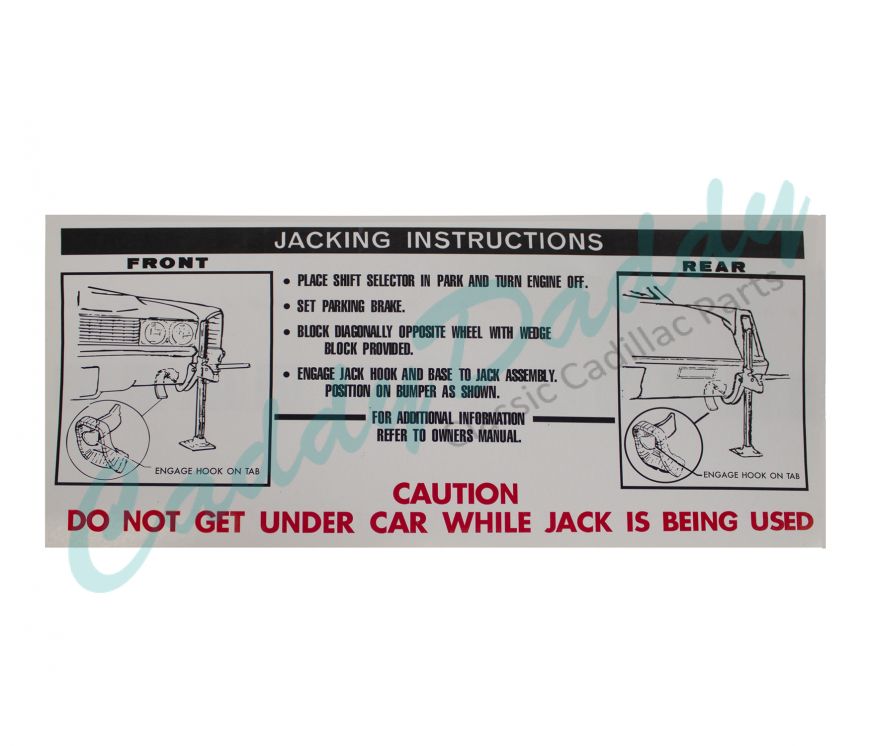 1967 Cadillac Eldorado Jacking Instructions Decal REPRODUCTION