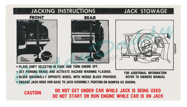 1972 Cadillac (EXCEPT Eldorado) Jacking Instructions Decal REPRODUCTION