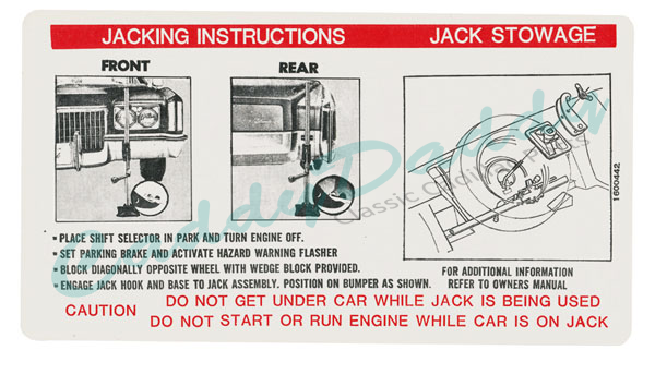 1972 Cadillac Eldorado Jacking Instructions Decal REPRODUCTION
