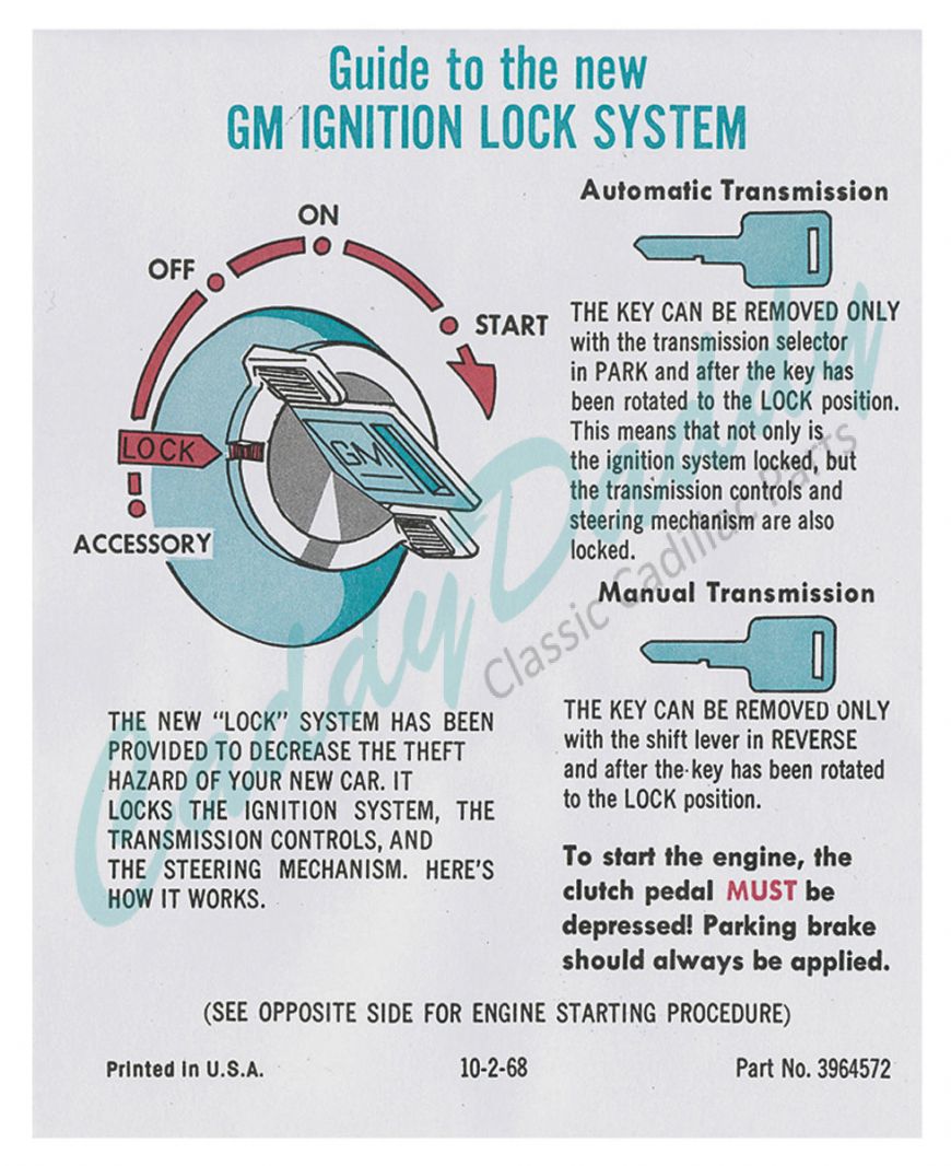 1969 1970 1971 1972 Cadillac Ignition Lock Instructions Sun Visor Sleeve REPRODUCTION