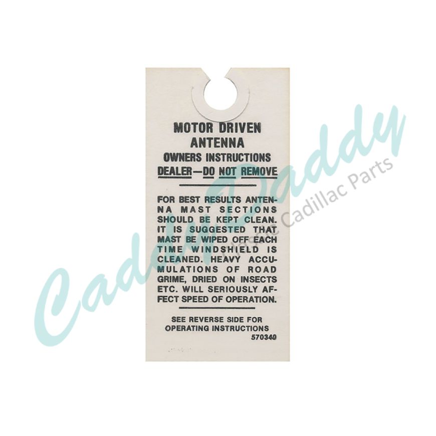1954 1955 1956 1957 1958 1959 1960 1961 1962 1963 Cadillac Electric Antenna Instructions Tag REPRODUCTION