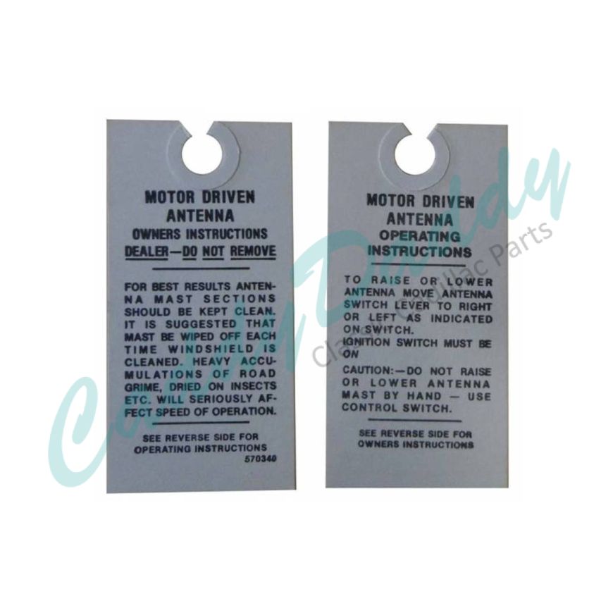 1954 1955 1956 1957 1958 1959 1960 1961 1962 1963 Cadillac Electric Antenna Instructions Tag REPRODUCTION