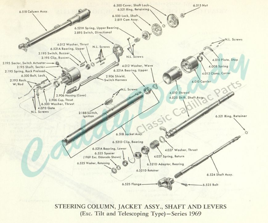 1969-cadillac-steering-column-jacket-assembly-shaft-levers-exc-tilt-telescoping-type