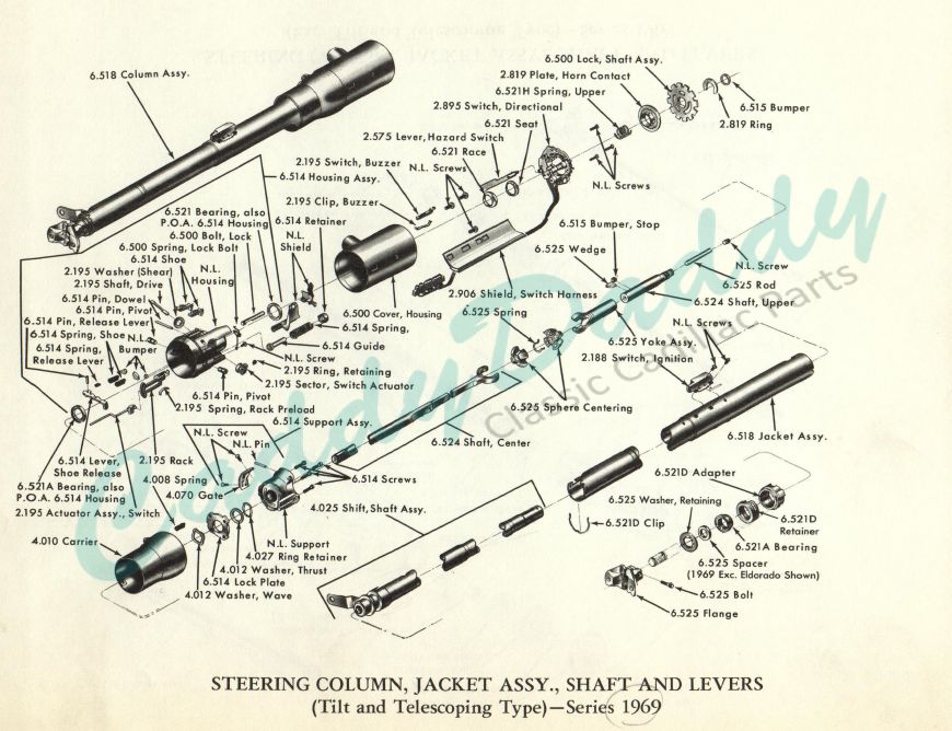 1969-cadillac-steering-column-jacket-assembly-shaft-levers-tilt-telescoping-type