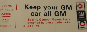 1977 Cadillac (Except Seville) Air Cleaner Decal All GM REPRODUCTION