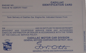 1942 1946 1947 1948 1949 1950 1951 1952 1953 1954 1955 1956 1957 1958 Cadillac Owners Identification Card REPRODUCTION