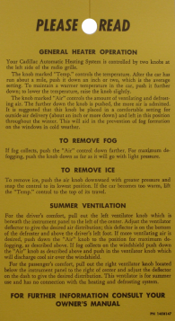 1952 Cadillac Heater Instruction Tag REPRODUCTION