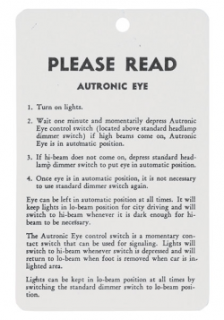 1957 1958 1959 Cadillac Autronic Eye Instructions Tag REPRODUCTION