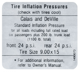 1967 Cadillac Calis & Deville Models Tire Pressure Decal REPRODUCTION