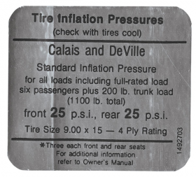1968 Cadillac Calis & Deville Models Tire Pressure Decal REPRODUCTION