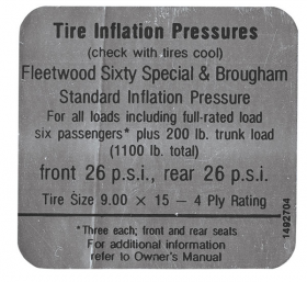 1968 1969 Cadillac Fleetwood Models Tire Pressure Decal REPRODUCTION