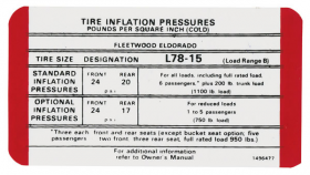 1970 Cadillac Eldorado & Fleetwood Models Tire Pressure Decal REPRODUCTION