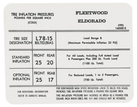 1972 Cadillac Eldorado Tire Pressure Decal REPRODUCTION
