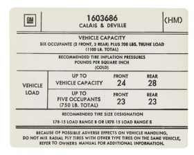 1974 Cadillac Calais & Deville Models Tire Pressure Decal REPRODUCTION