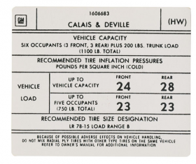 1975 1976 Cadillac Calais & DeVille Models Tire Pressure Decal REPRODUCTION