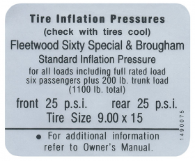 1967 Cadillac Fleetwood Brougham Models Tire Pressure Decal REPRODUCTION