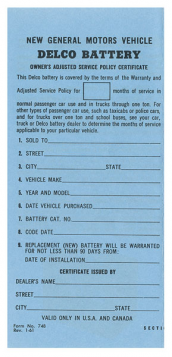 1961 1962 1963 1964 Cadillac Delco Battery Owners Certificate REPRODUCTION