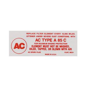 AC TYPE S-6 OIL FILTER ENGINE COMPARTMENT DECAL 1958 1959 CADILLAC ALL MODELS